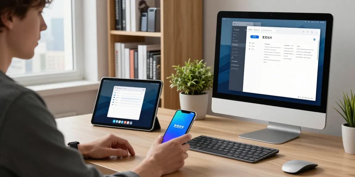 在现代办公环境中，使用爱思助手连接iPhone与电脑的用户，桌上有其他Apple设备和技术书籍。