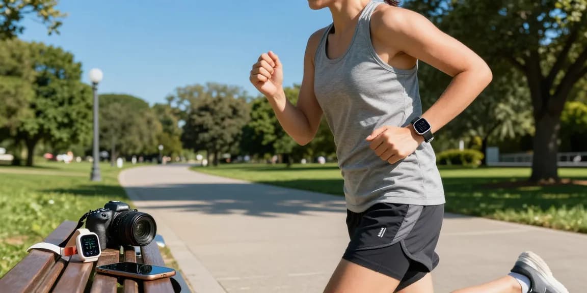 Person jogging in the park with a smart ring showcasing fitness tracking capabilities in a vibrant outdoor setting.