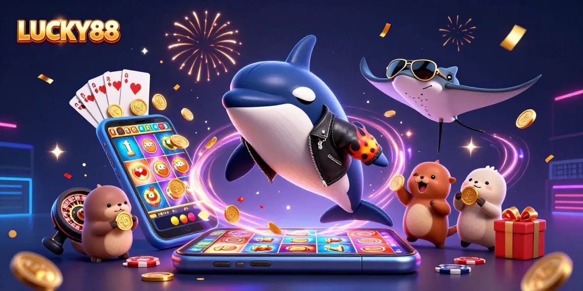 LUCKY88 celebrates winning moments with vibrant sea characters and casino elements in a dynamic illustration.