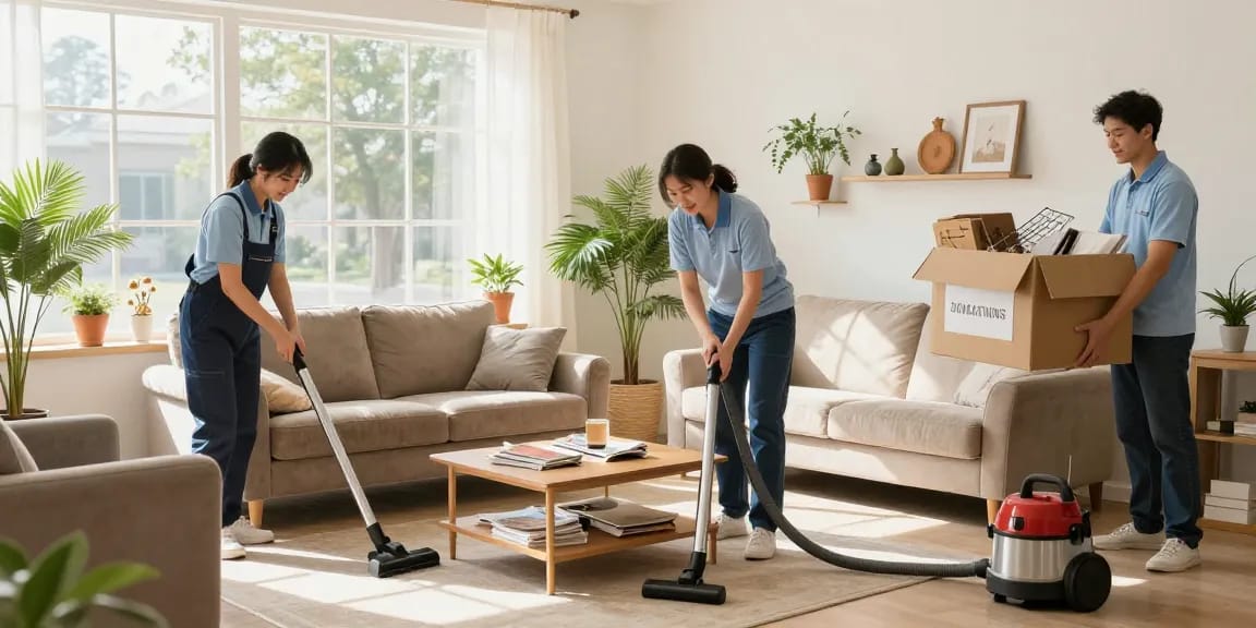 Efficient london house clearance team decluttering a bright living room with sunlight streaming in.