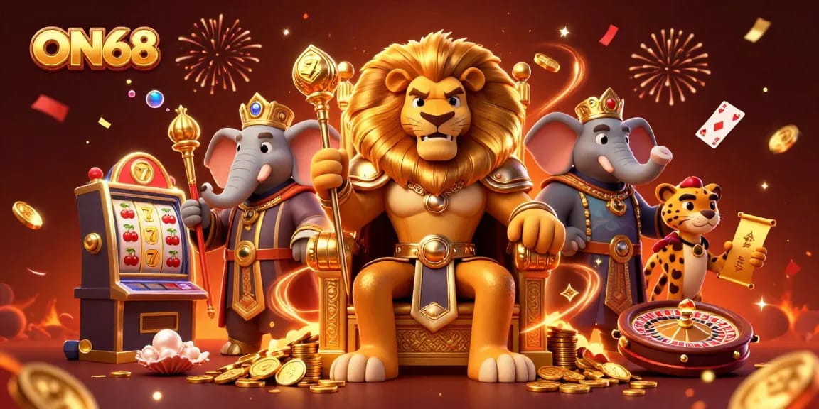 Experience exciting wins at ON68 with a fierce lion king, elephant advisor, and cheetah, amidst vibrant casino action.