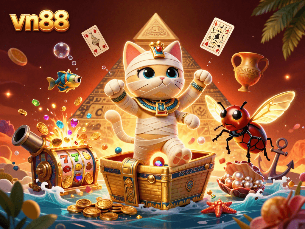 Experience top-tier gaming at vn88 with a mummy cat and scarab beetle in a vibrant casino scene.