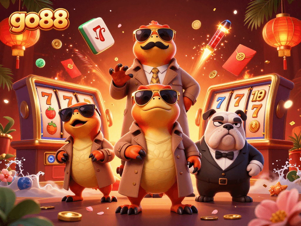 Discover go88's exciting VIP casino scene with raptors playing slots and a bulldog bouncer.