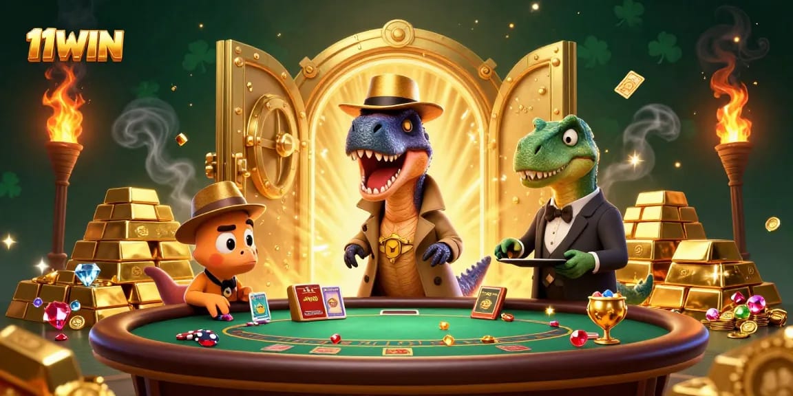 Experience the excitement at 11WIN Casino with a dynamic illustration of a velociraptor card counter at the blackjack table.