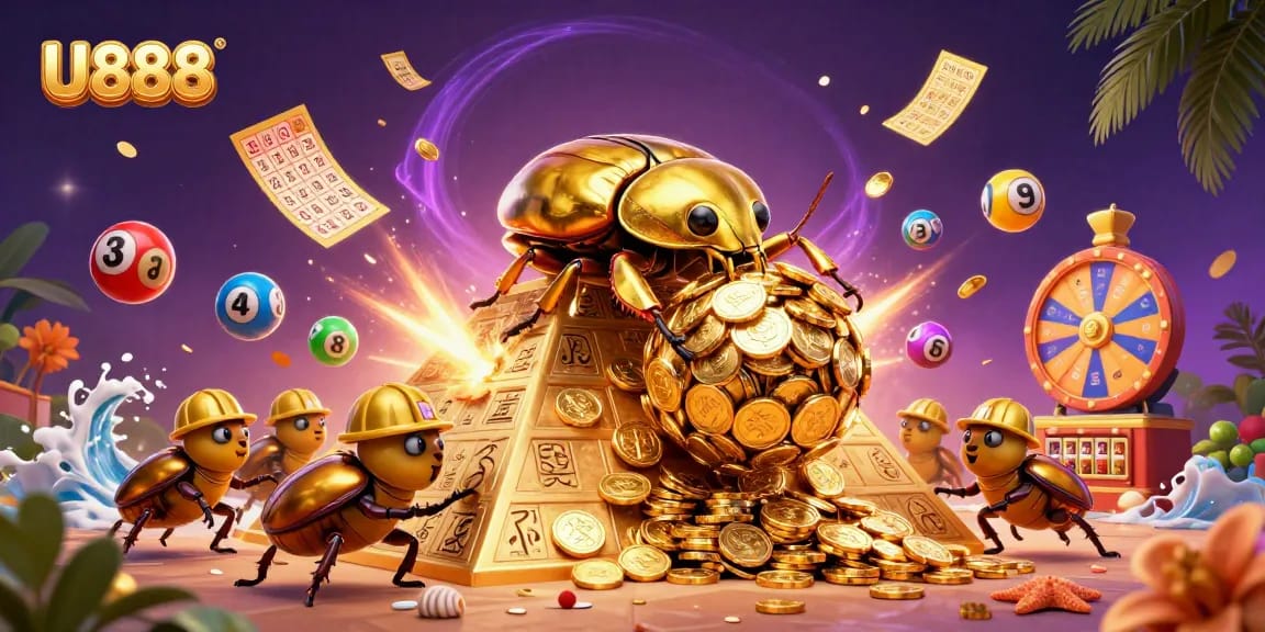 Experience exciting wins with U888 as golden coins, lottery balls, and prize wheels swirl in a dynamic casino scene.