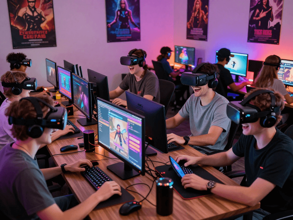 Engaging young adults playing interactive sex games in a lively gaming environment.