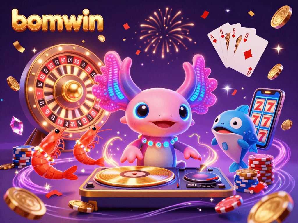 Join the fun and excitement of bomwin with vibrant casino-themed characters and dynamic gaming elements dancing in celebration.