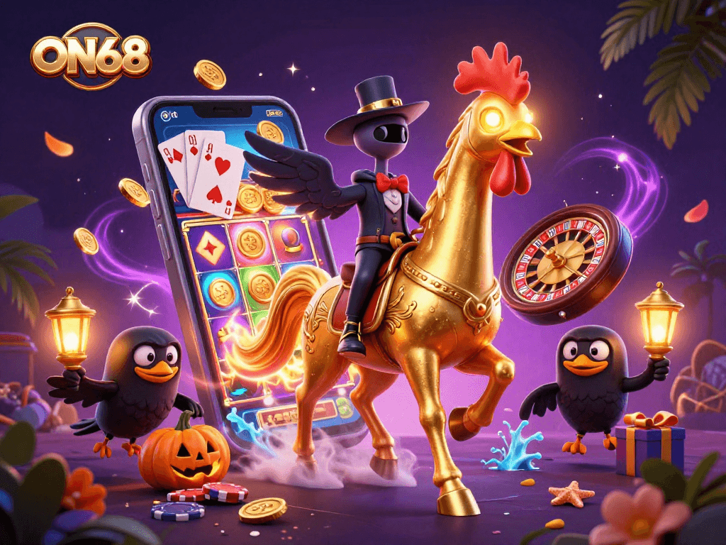 Experience thrilling gaming action at ON68 while navigating a vibrant casino scene with exciting slot games and animated characters.