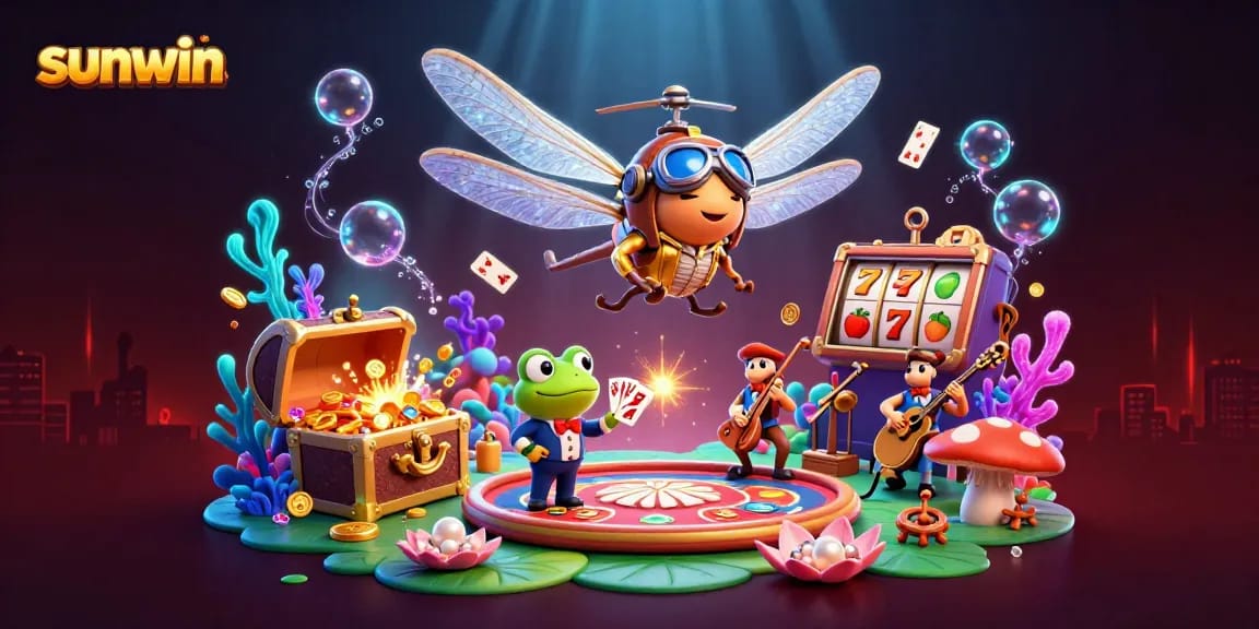 Experience sunwin's thrilling casino atmosphere with vibrant characters, slot elements, and rich underwater treasures.
