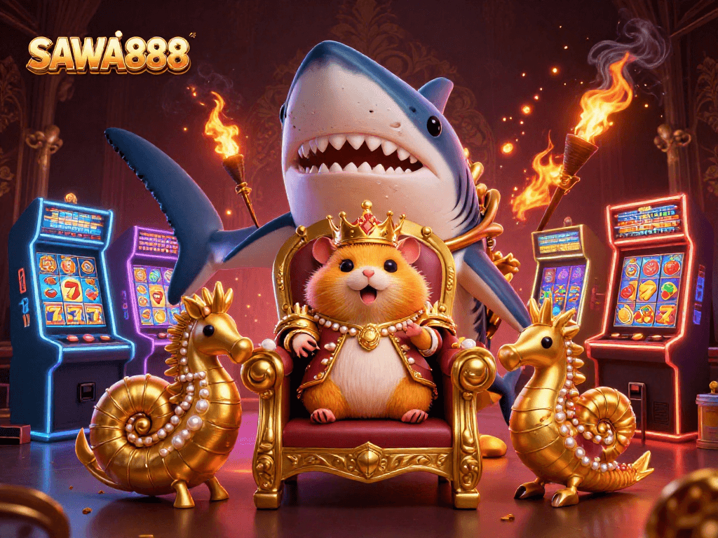 Experience the thrill of SAWA888 with golden hamster king and vibrant slot machines in a dynamic casino scene.