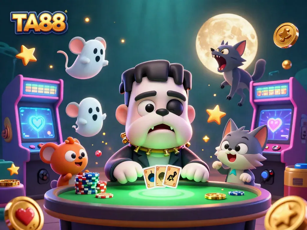 Engage with TA88's lively gaming atmosphere featuring a 3D monster dealer and vibrant casino elements.