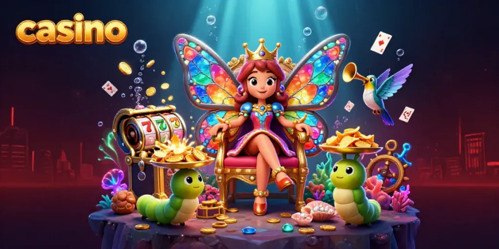 Experience the vibrant casino scene with a butterfly queen in stunning detail and rich game elements.