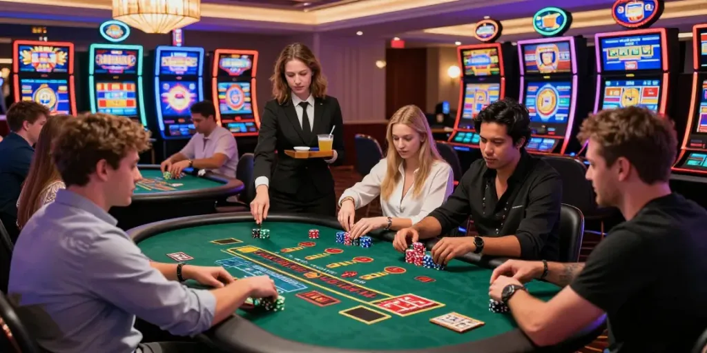 Players enjoying various games at credit card casinos, vibrant casino atmosphere with colorful lights.
