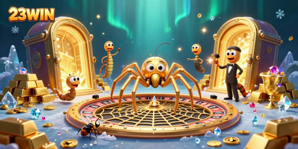 Experience the thrill of 23WIN casino with a vibrant roulette web spun by a golden spider.
