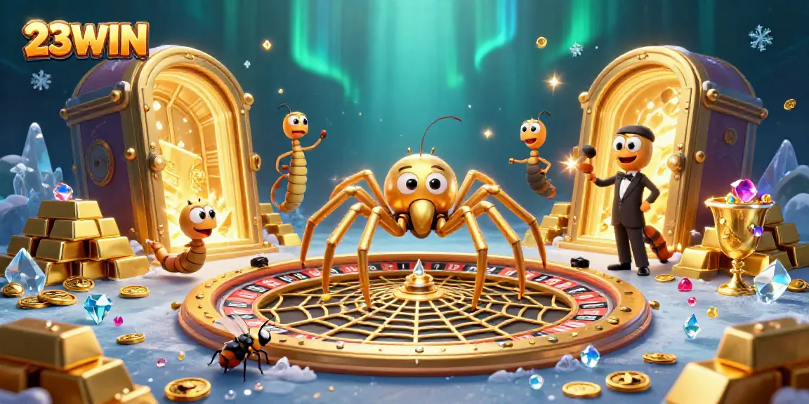 Experience the thrill of 23WIN casino with a vibrant roulette web spun by a golden spider.