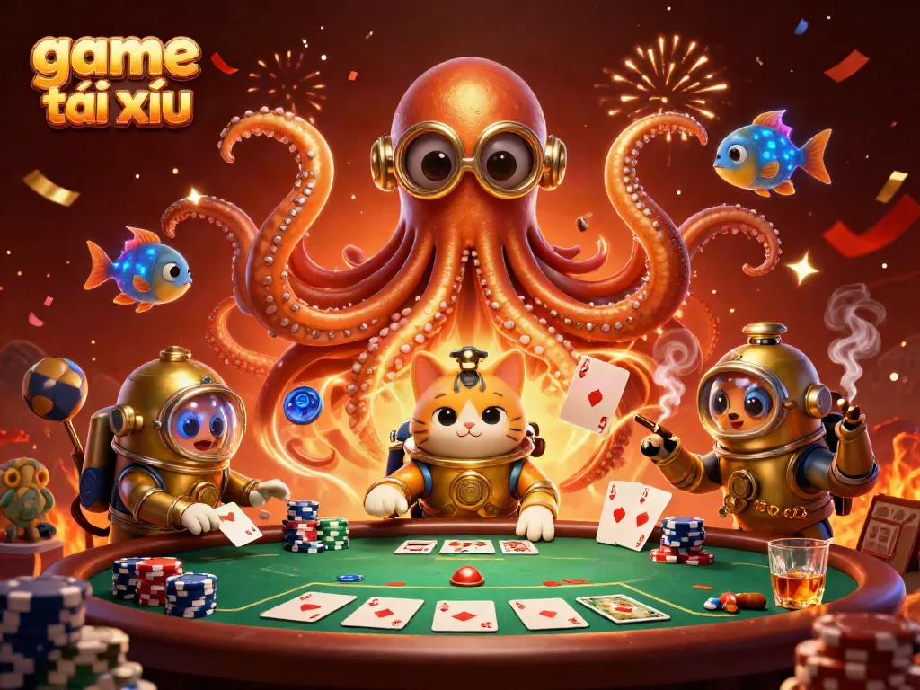 Experience game tài xỉu excitement with vibrant visuals of poker chips, a kraken, and a vintage diving cat.