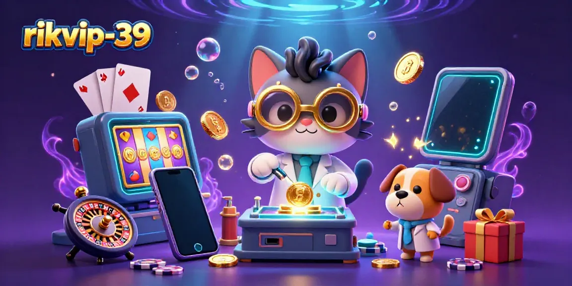 Experience the thrill of rikvip-39 with this vibrant casino-themed 3D illustration of a mad scientist cat and dog!