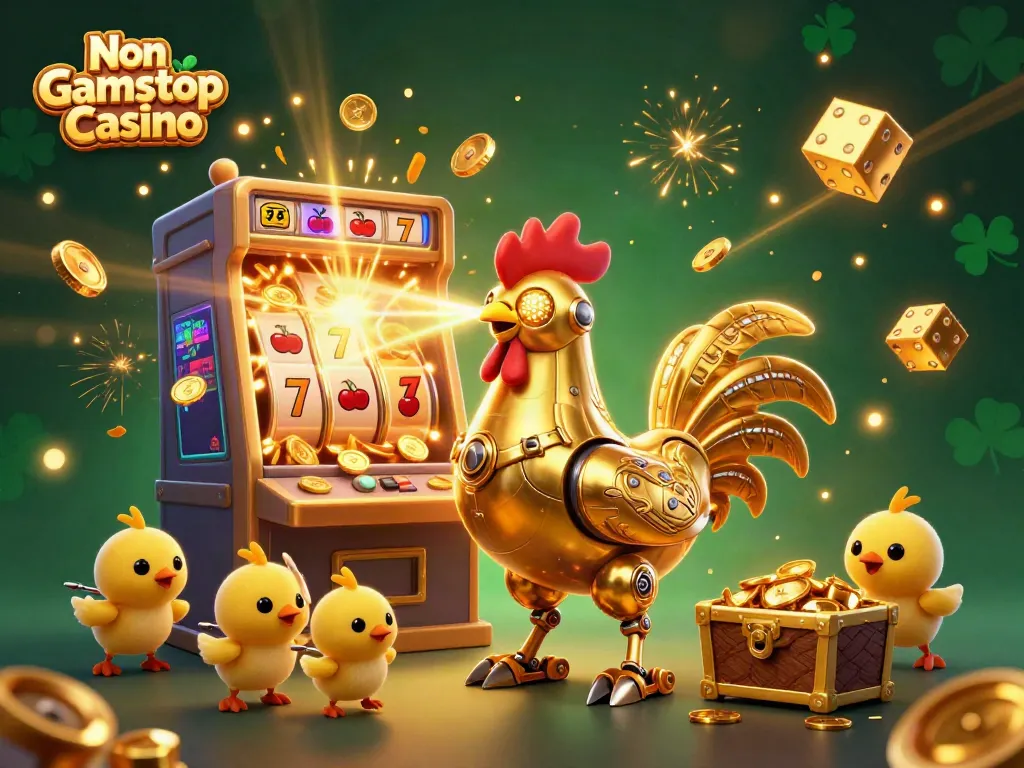 Experience the excitement of Non Gamstop Casino with a vibrant 3D illustration featuring themed robots and slots.