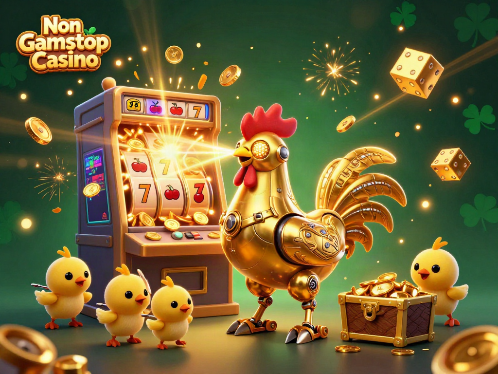 Experience the excitement of Non Gamstop Casino with a vibrant 3D illustration featuring themed robots and slots.