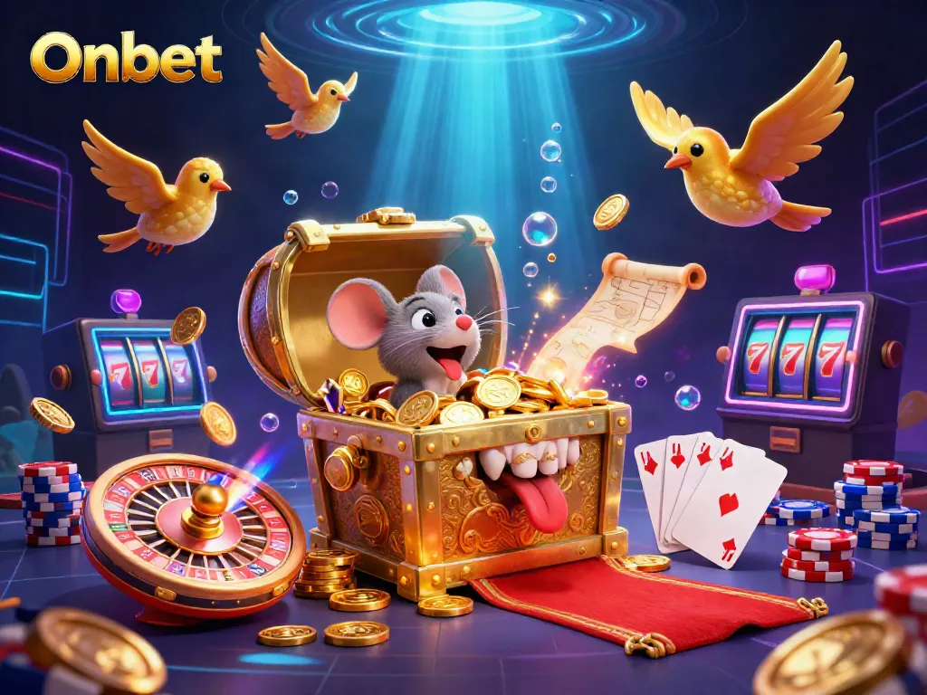 Engage with Onbet's vibrant gaming universe, featuring a treasure chest luring adventurer mice among casino rewards.