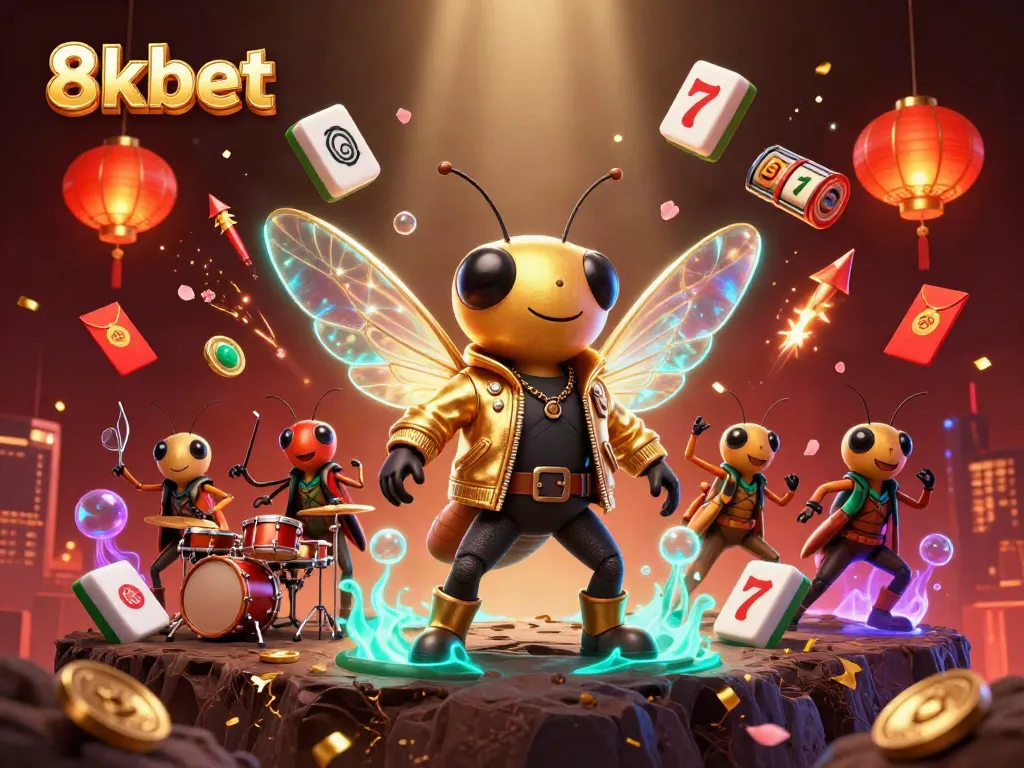 Engage with 8xbet's thrilling casino experience, featuring a vibrant cartoon scene of a cicada rock star and dynamic game elements.