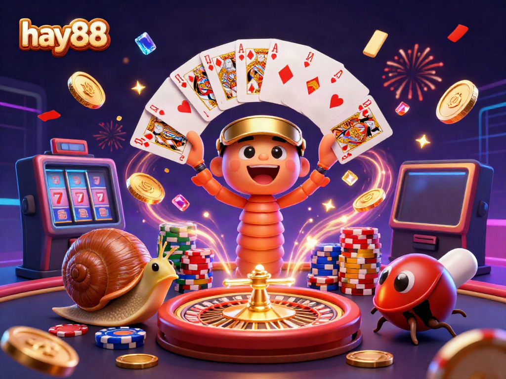 Experience excitement at hay88 with a vibrant 3D casino scene featuring dealers, chips, and gold coins.