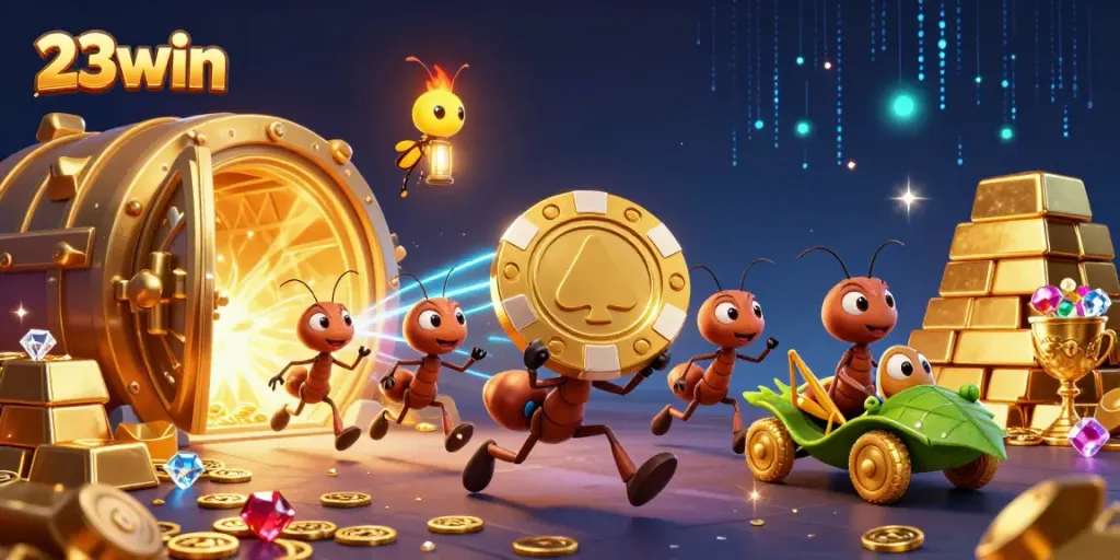 Experience thrilling action with 23win as cartoon ants carry a giant poker chip through a vibrant, treasure-filled scene.