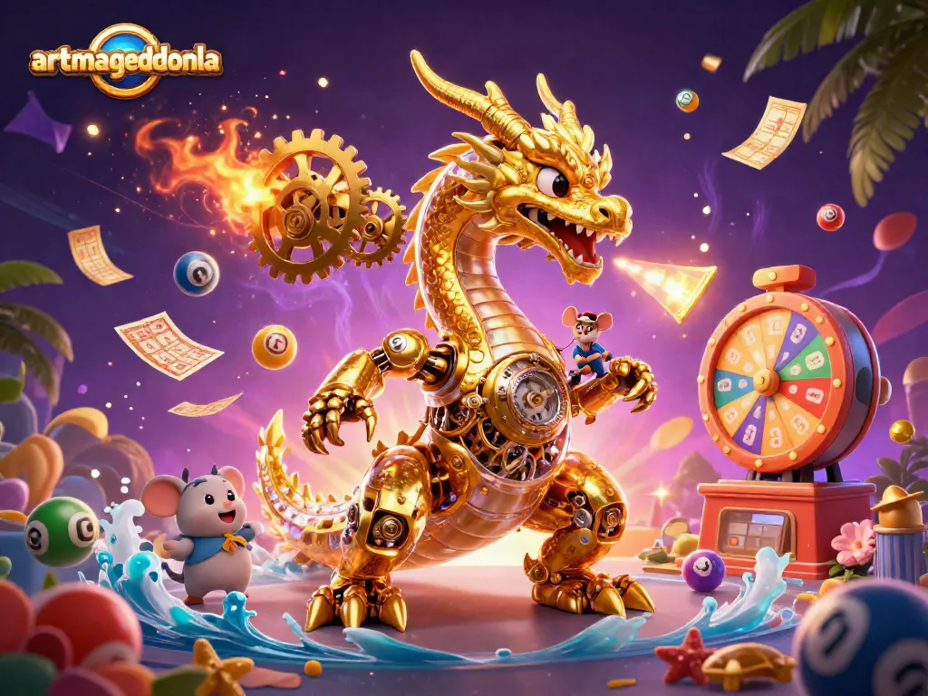 artmageddonla's animated golden dragon celebrates with bouncing lottery balls and bingo cards
