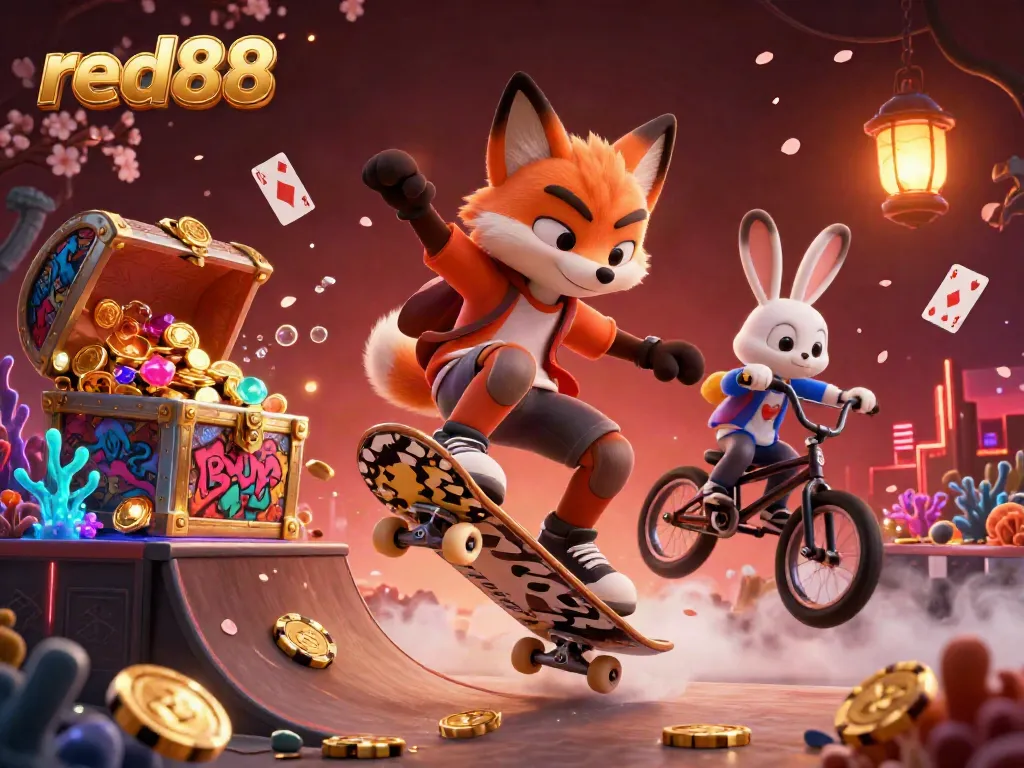 Experience the thrill of red88 with a skateboarder fox and BMX rabbit amid casino symbols and gold.