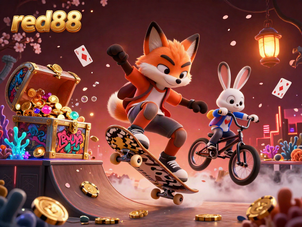 Experience the thrill of red88 with a skateboarder fox and BMX rabbit amid casino symbols and gold.