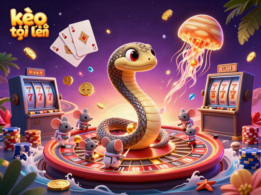 Betting with kèo trực tuyến at a cosmic roulette table featuring a Saturn ring snake and astronaut mice.