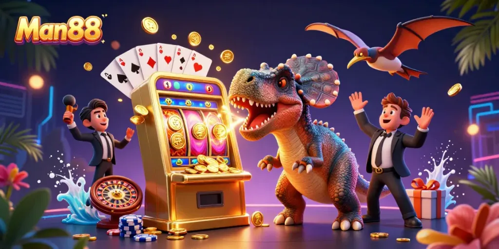 Experience thrilling wins at Man88's casino with a dinosaur-themed jackpot scene full of excitement.