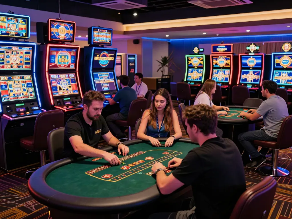 Exciting atmosphere at non GamStop casinos UK with players engaging in slot machines and table games