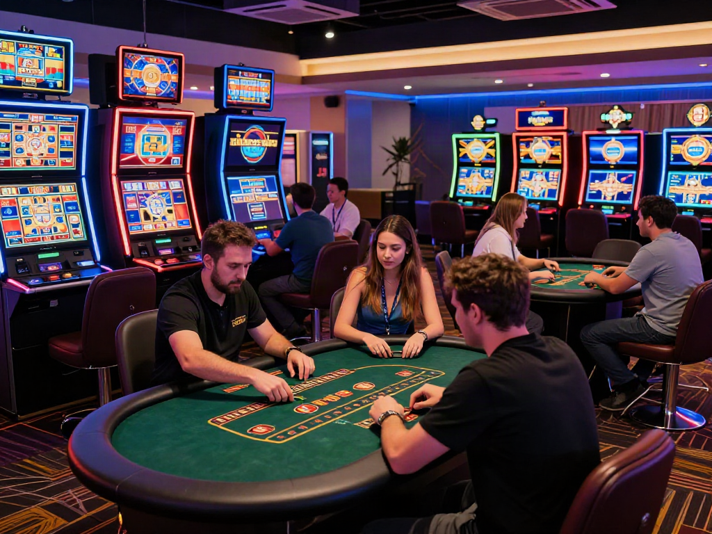 Exciting atmosphere at non GamStop casinos UK with players engaging in slot machines and table games