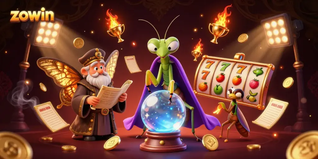 Engage in stunning gameplay at zowin with a vibrant 3D illustration showcasing slot reels and mystical characters.