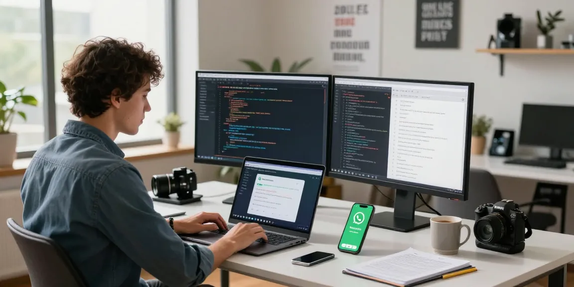 Engaged professional in a modern workspace focusing on WhatsApp下載 on their laptop, showcasing a tech-savvy environment.