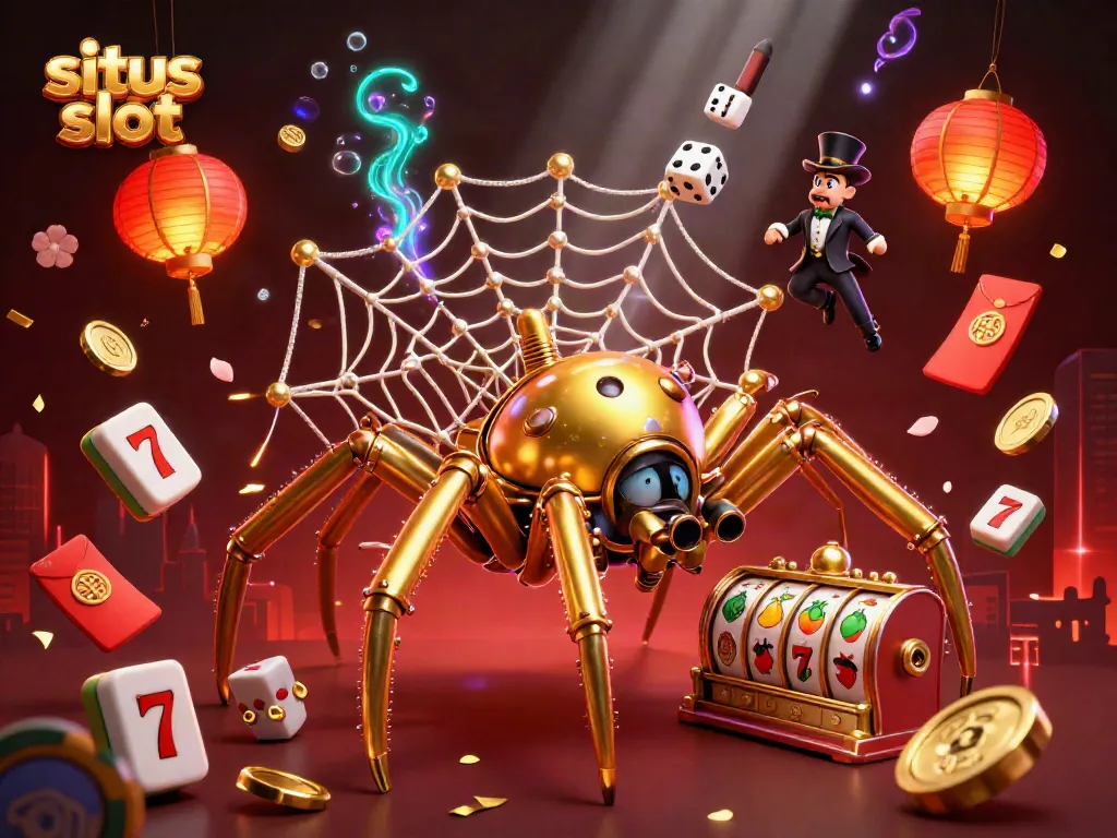 Situs slot game features a gold-steampunk spider weaving webs, showcasing exciting elements of luck and fortune in vibrant colors.