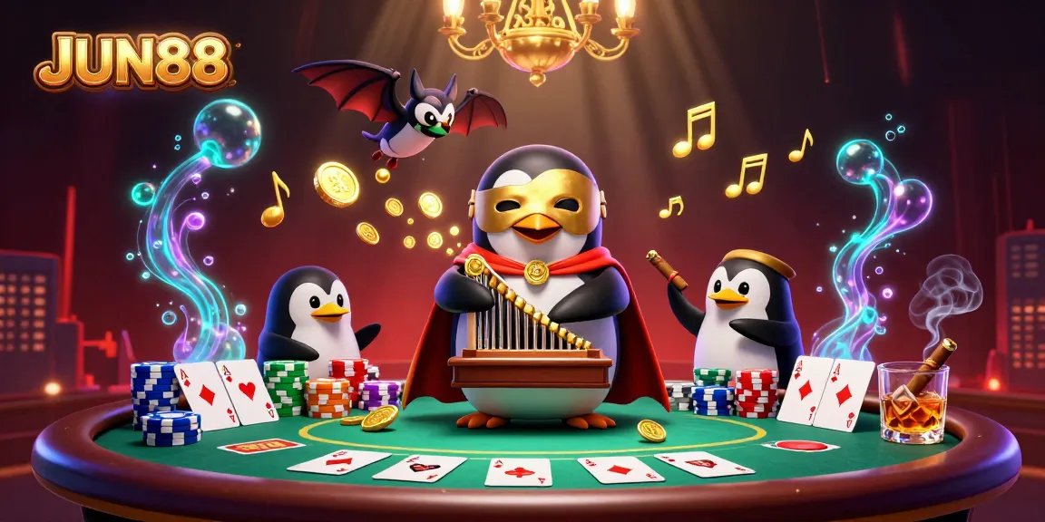 Experience the thrill of JUN88 with a 3D scene of a penguin playing a pipe organ, surrounded by poker action.