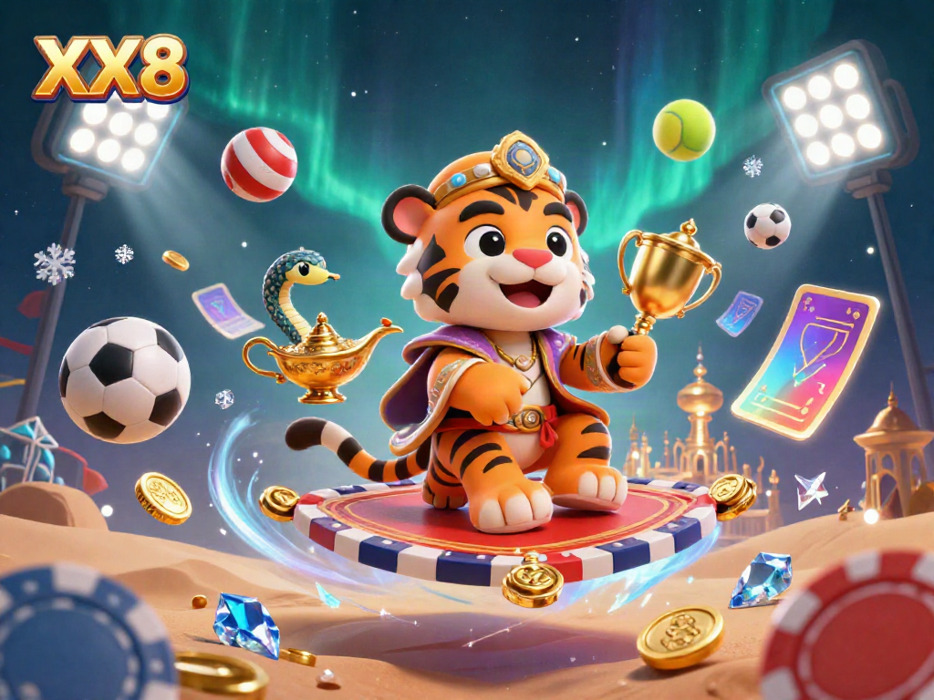 Experience the excitement of XX8 casino with vibrant games and a magical Arabian fantasy scene featuring characters and elements.