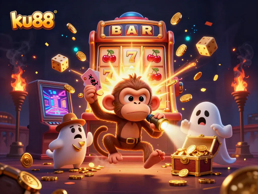 Experience thrilling gameplay at ku88 with a playful poltergeist monkey and ghost-hunting puppy in a vibrant casino scene.