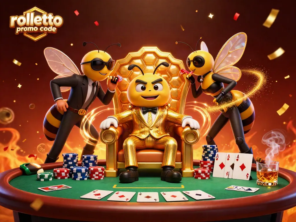 Visualize the rolletto promo code with a vibrant casino scene featuring dynamic characters and elements.