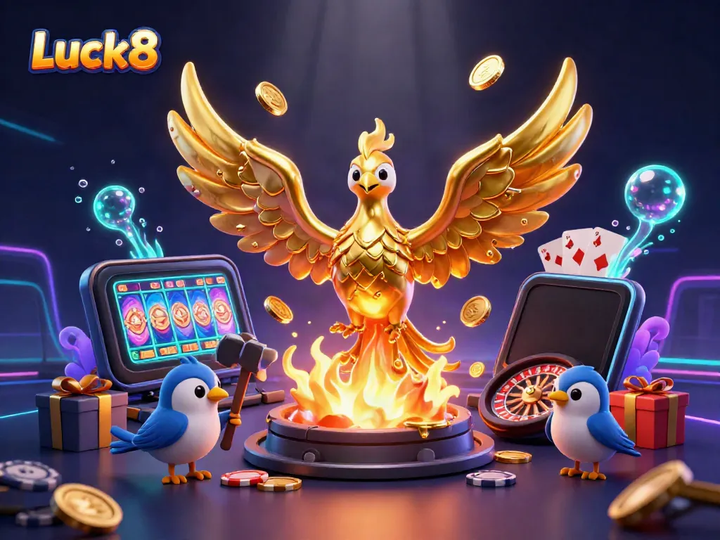 Luck8 showcases a dynamic scene with a molten metal phoenix and vibrant casino elements.