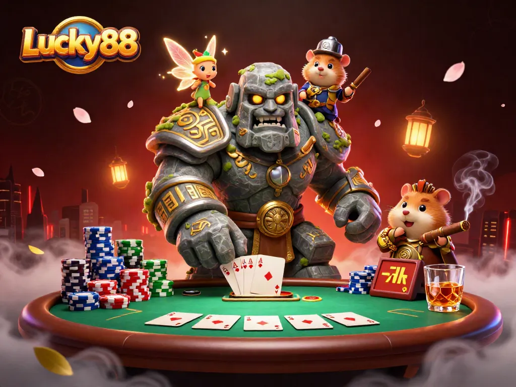 Experience thrilling gaming adventures with Lucky88, the magical golem and fairy at the poker table.