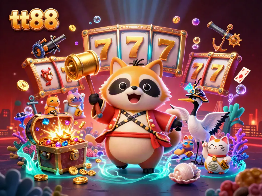Engage in thrilling gameplay with tt88's vibrant 3D scene featuring slot machines, treasure, and fortune icons.