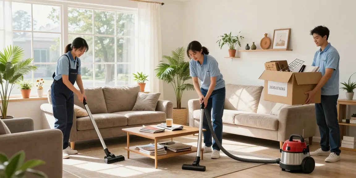Efficient london house clearance team decluttering a bright living room with sunlight streaming in.
