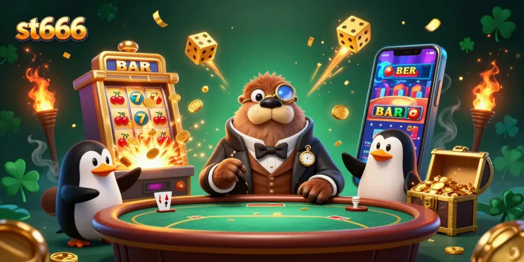 Engage in thrilling gameplay at st666 with a poker scene featuring a walrus, penguin dealer, and a bluffing pufferfish.