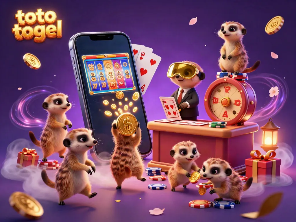 Experience the excitement of toto togel with cartoon meerkats managing a vibrant lottery casino.