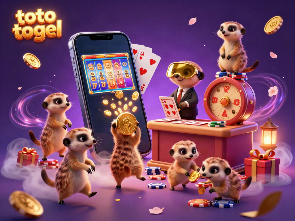 Experience the excitement of toto togel with cartoon meerkats managing a vibrant lottery casino.