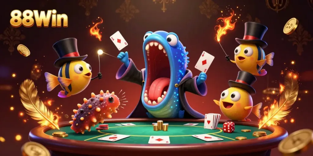 Experience thrilling card magic at 88Win with vibrant characters and casino elements.