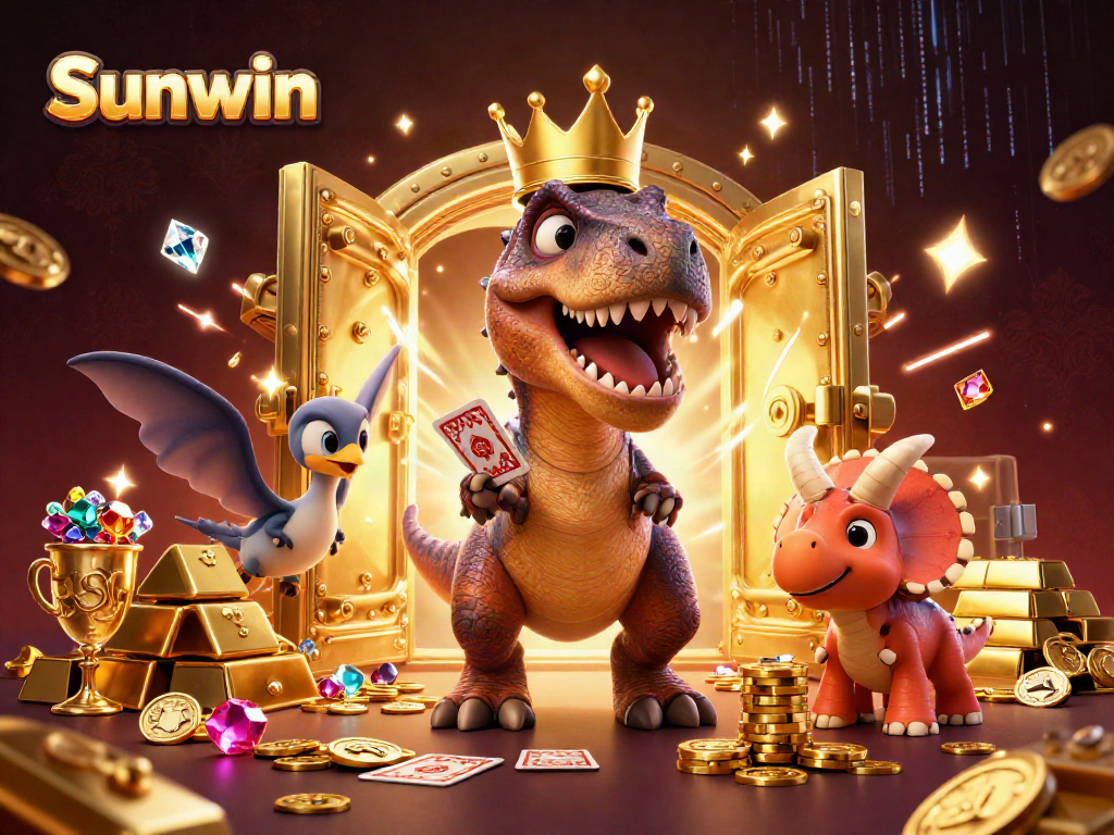 Engage with Sunwin's playful scene showing a T-Rex playing cards and creatures stacking chips in a vibrant casino setting.